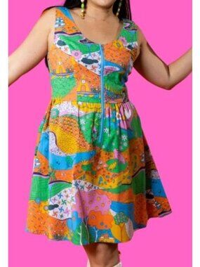 Blue Platypus Landscape Print Fit & Flare Midi Dress in Rainbow Farm Medium